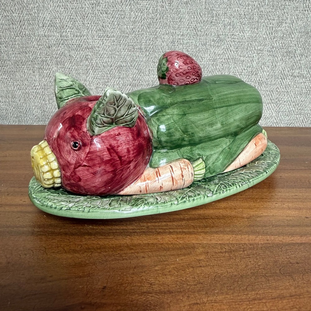Vintage 1993 CBK Ltd Vegetable Pig Ceramic Butter Dish Majolica Style Kitschy